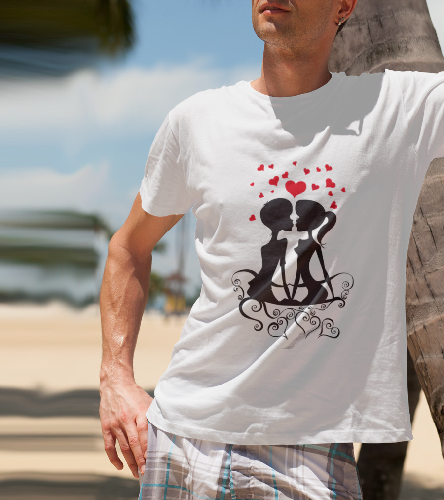 Lesbian Couple Kissing Romantic Silhouettes With Heart And Hearts T-Shirt