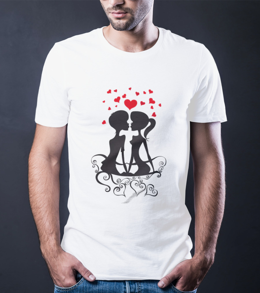 Lesbian Couple Kissing Romantic Silhouettes With Heart And Hearts T-Shirt