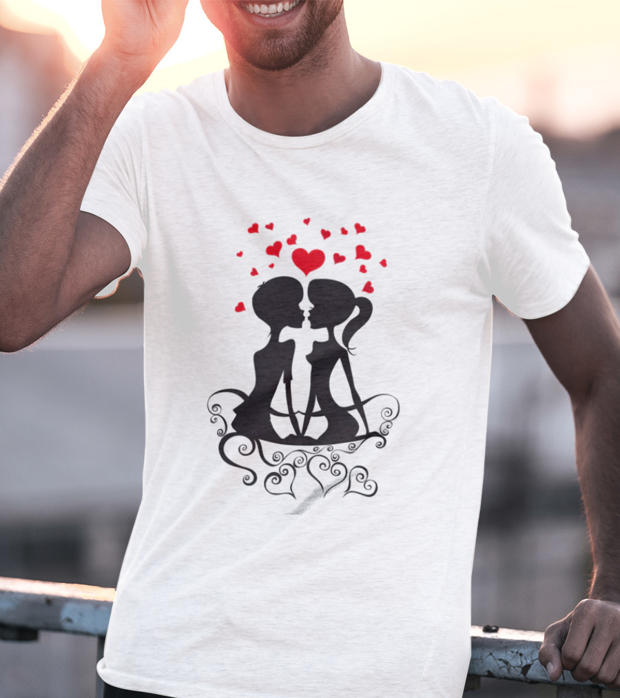 Lesbian Couple Kissing Romantic Silhouettes With Heart And Hearts T-Shirt