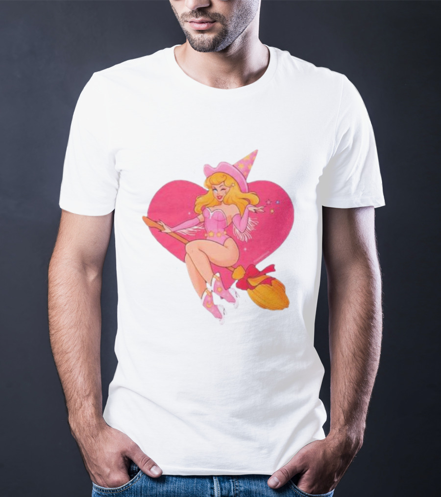 This Barbie Is A Witch Riding A Broomstick With Pink Heart Background T-Shirt