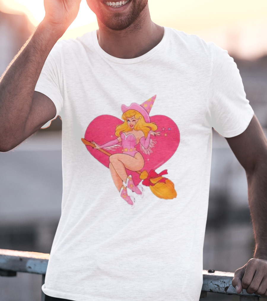 This Barbie Is A Witch Riding A Broomstick With Pink Heart Background T-Shirt
