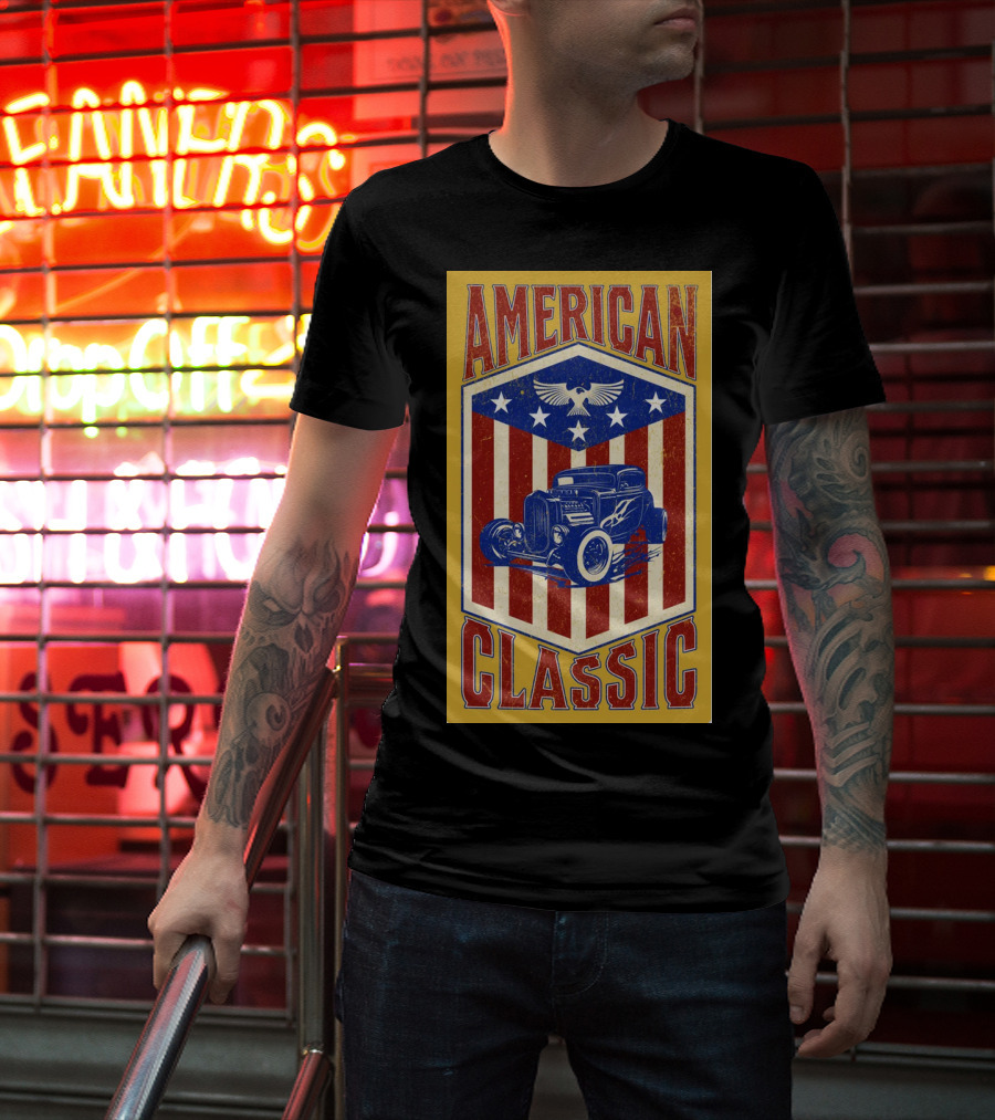 AMERICAN CLASSIC Hot Rod Eagle Stripes Stars Vintage Retro T-Shirt