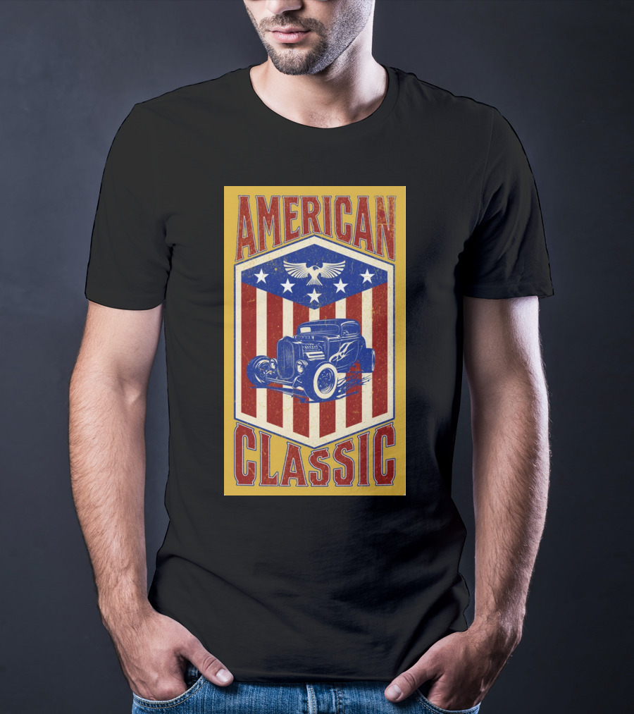 AMERICAN CLASSIC Hot Rod Eagle Stripes Stars Vintage Retro T-Shirt