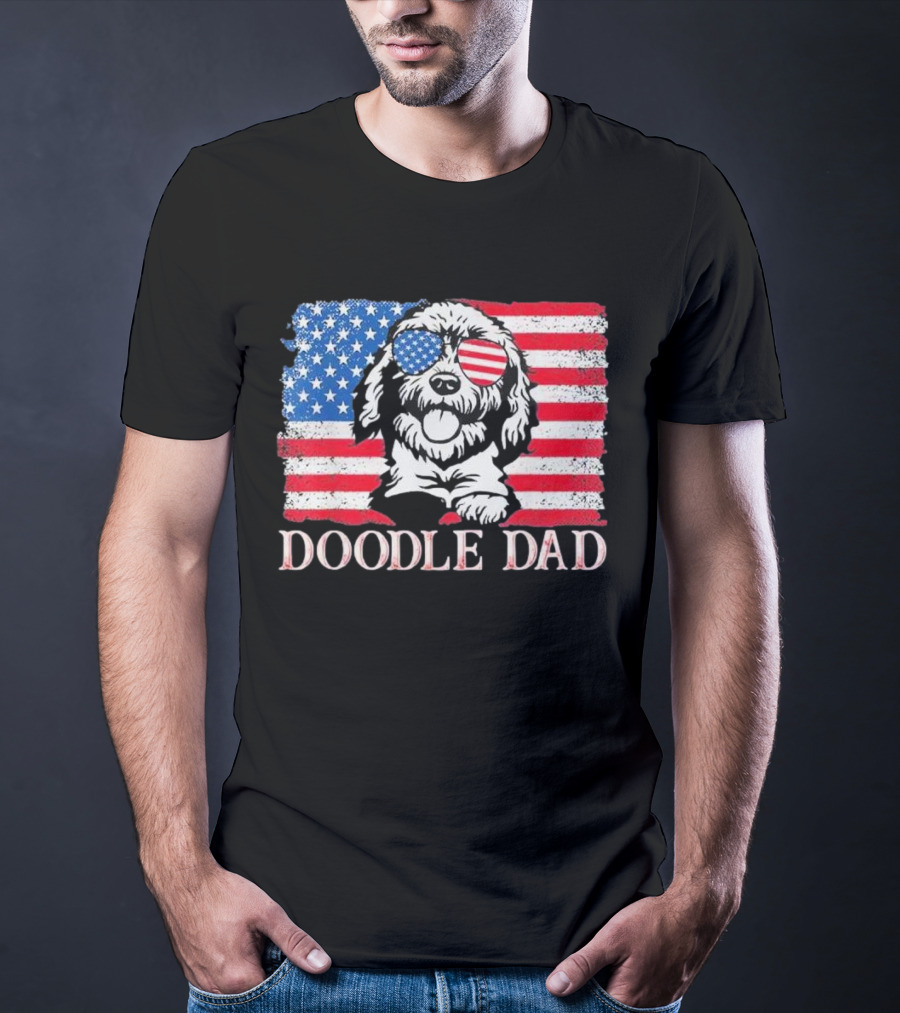 Goldendoodle Doodle Dad American Flag Sunglasses T-Shirt
