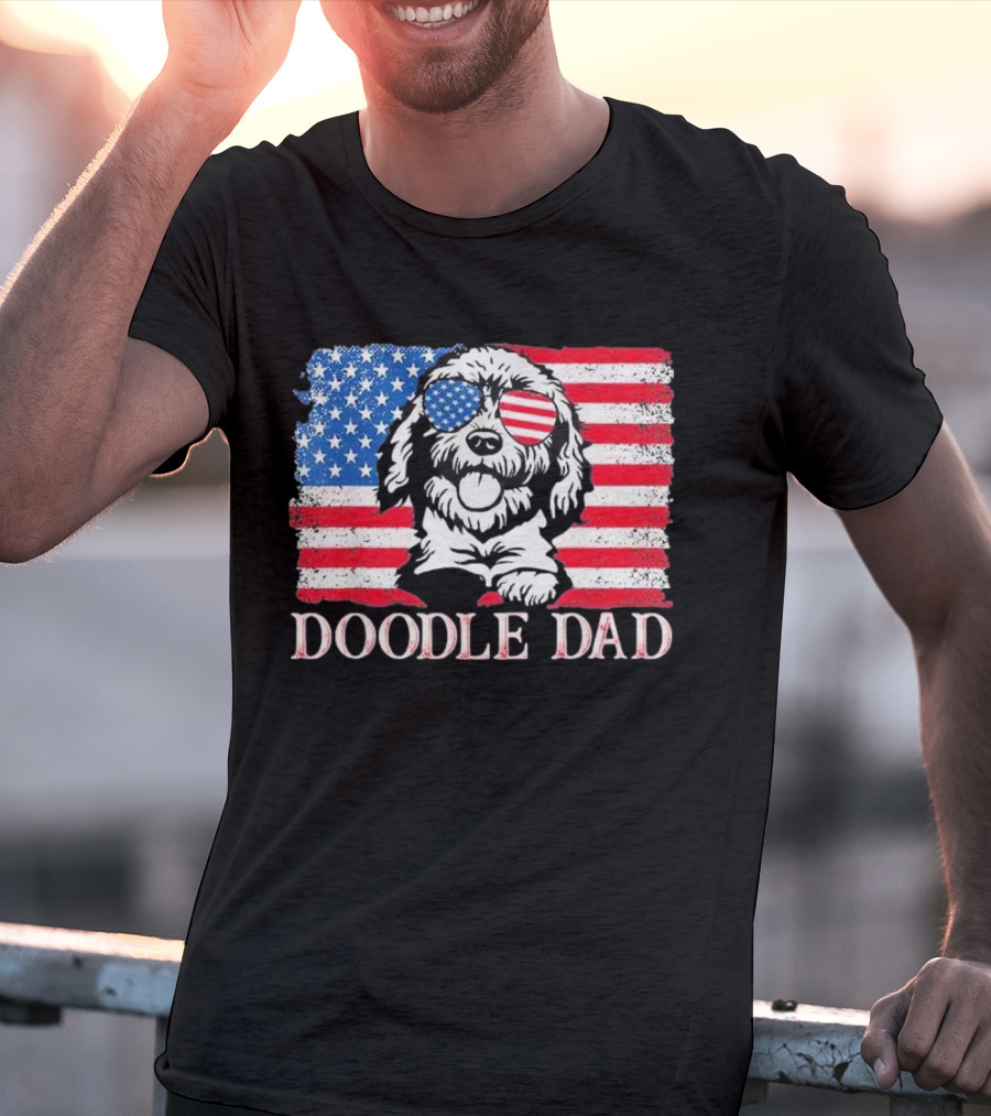 Goldendoodle Doodle Dad American Flag Sunglasses T-Shirt
