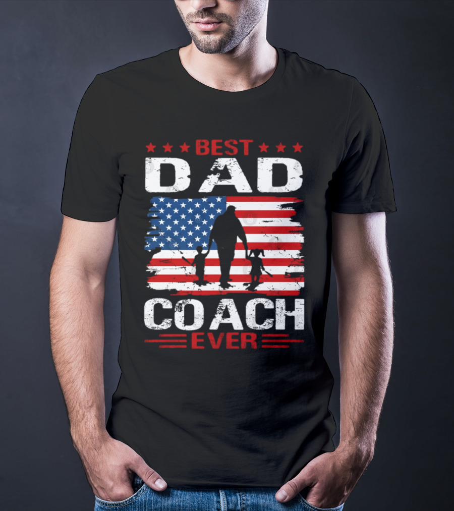 Best Dad Coach Ever USA Flag Baseball Dad Father's Day T-Shirt