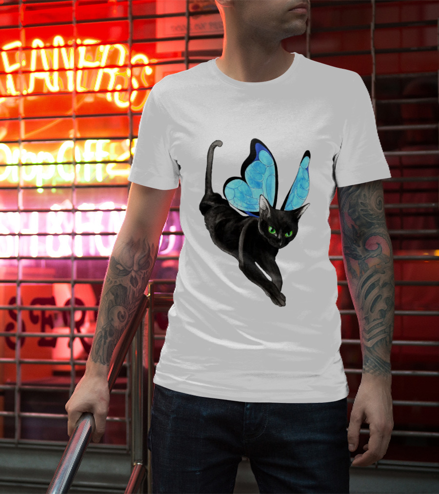 Black Cat With Blue Butterfly Wings T-Shirt