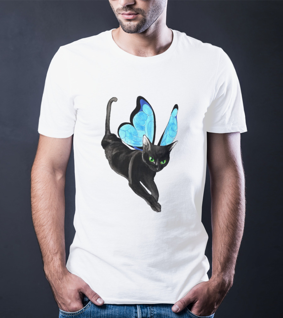 Black Cat With Blue Butterfly Wings T-Shirt