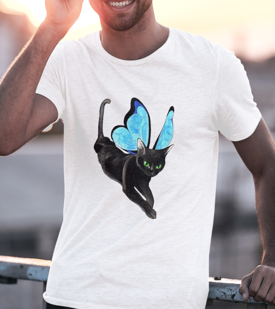 Black Cat With Blue Butterfly Wings T-Shirt