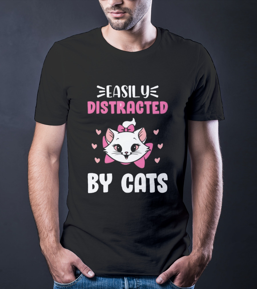 Easily Distracted By Cats Cute Kitten With Pink Bow And Hearts T-Shirt