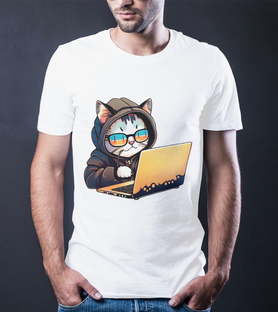 Hacker Cat In Hoodie With Laptop And Glasses T-Shirt