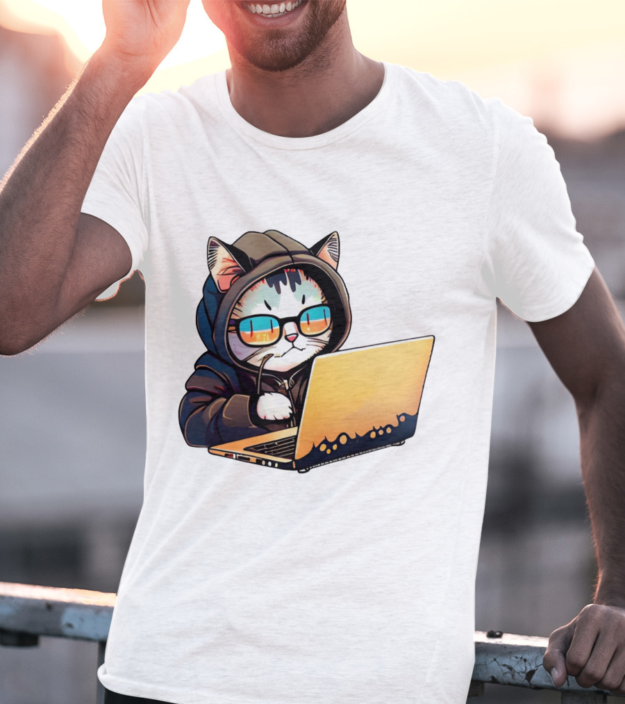 Hacker Cat In Hoodie With Laptop And Glasses T-Shirt