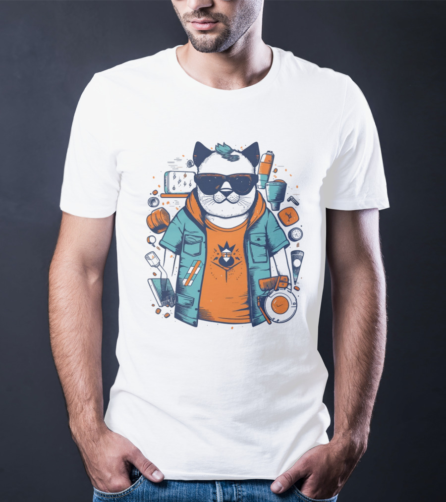 Hipster Cat In Sunglasses With Headphones And Jacket T-Shirt