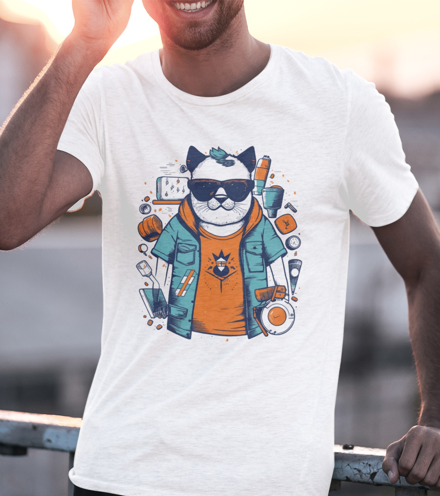 Hipster Cat In Sunglasses With Headphones And Jacket T-Shirt