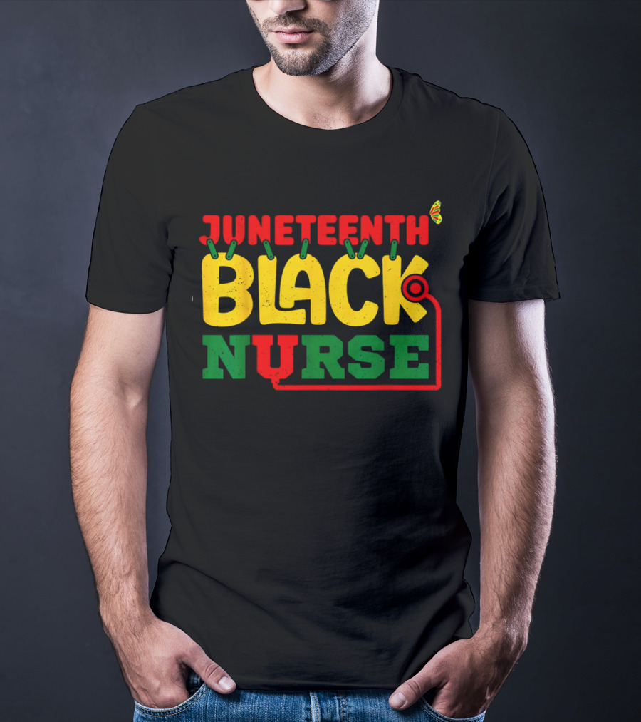 Juneteenth Black Nurse Red Yellow Green Butterfly Stethoscope T-Shirt