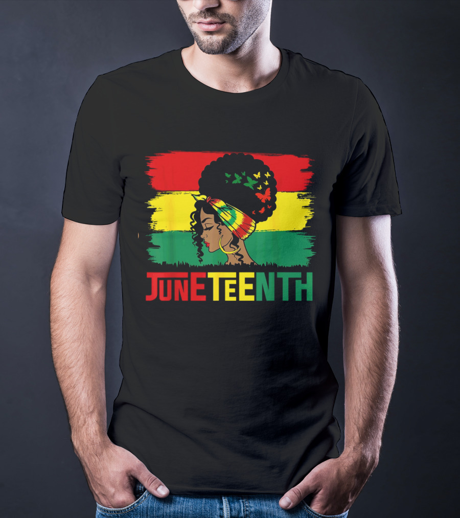 Juneteenth Remembering My Ancestors Celebrate Black Freedom Afro Woman Rasta Colors Flags T-Shirt