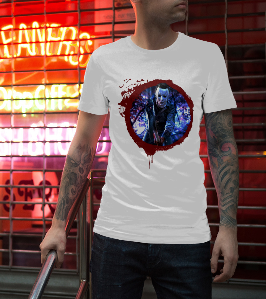 Myers Attack Blood Splatter Horror Mask Iconic Blue Woods Scene T-Shirt