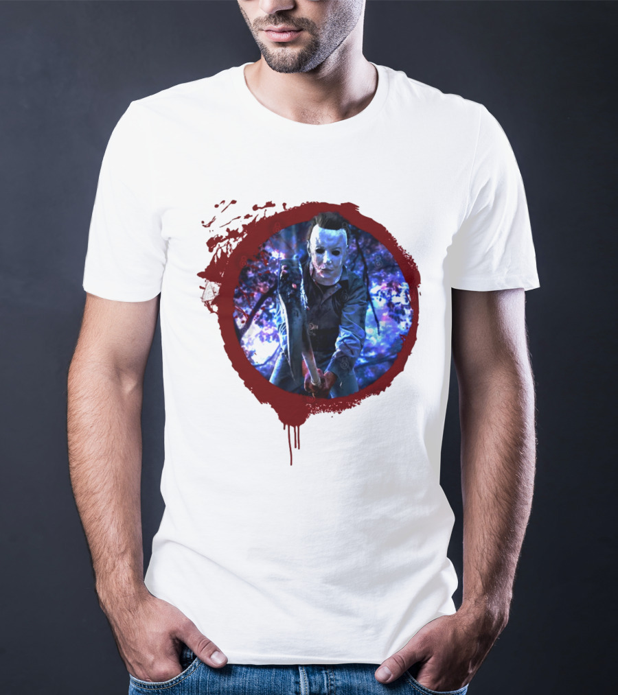 Myers Attack Blood Splatter Horror Mask Iconic Blue Woods Scene T-Shirt
