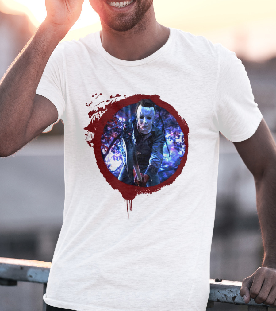 Myers Attack Blood Splatter Horror Mask Iconic Blue Woods Scene T-Shirt