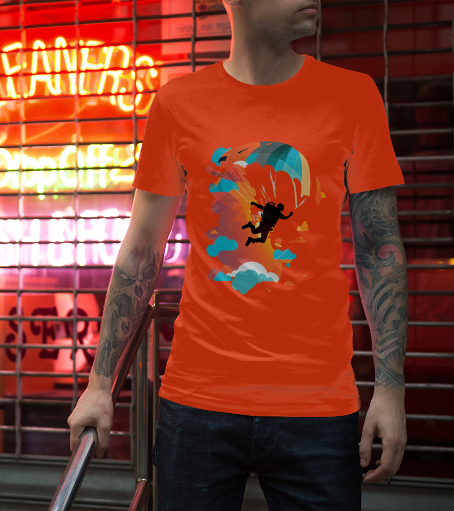 Skydiver Silhouette With Colorful Parachute And Clouds T-Shirt