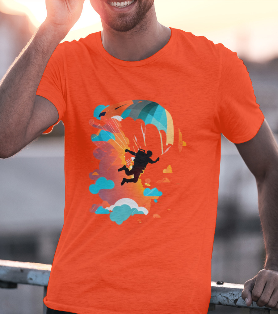 Skydiver Silhouette With Colorful Parachute And Clouds T-Shirt