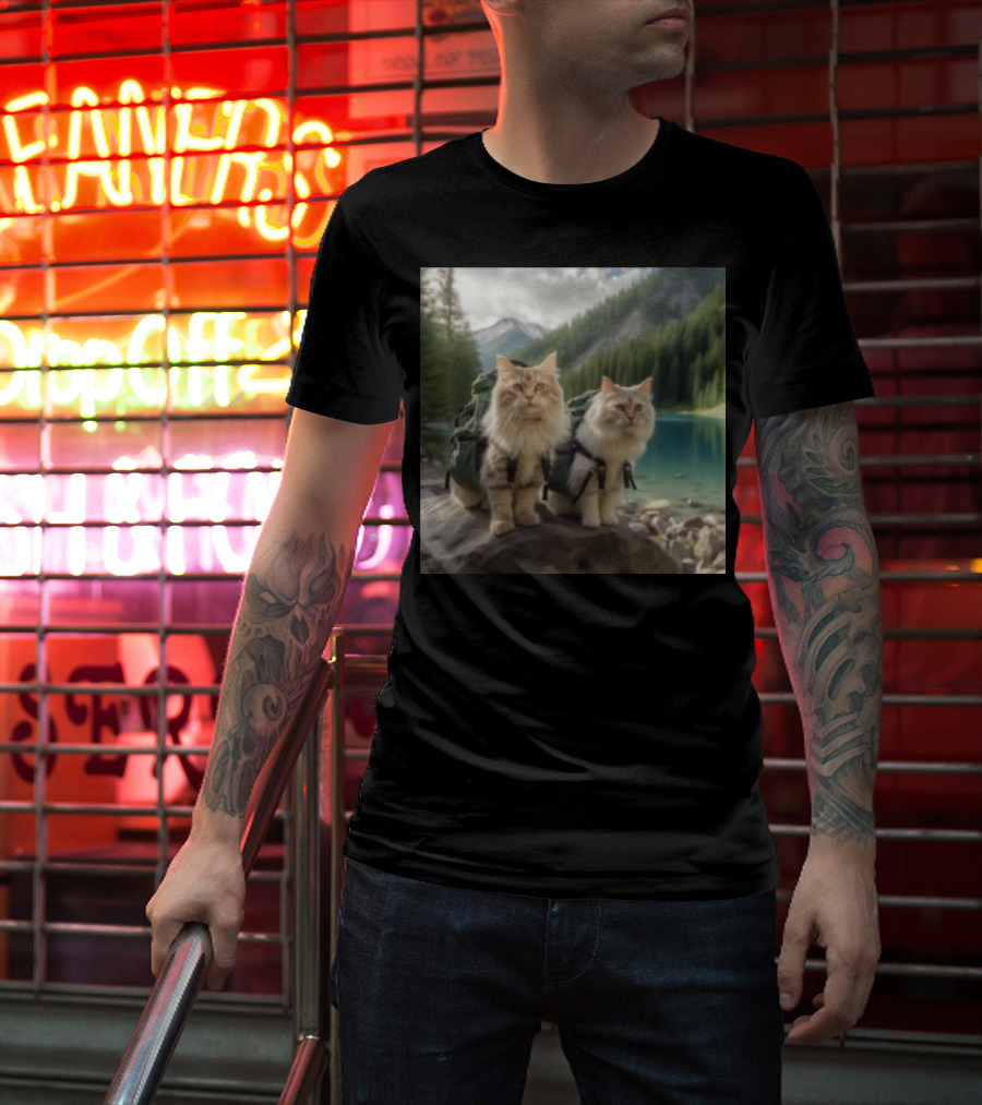 Two American Longhair Cats Are Mountaineering With Backpacks In Scenic Mountain Forest Near Lake T-Shirt