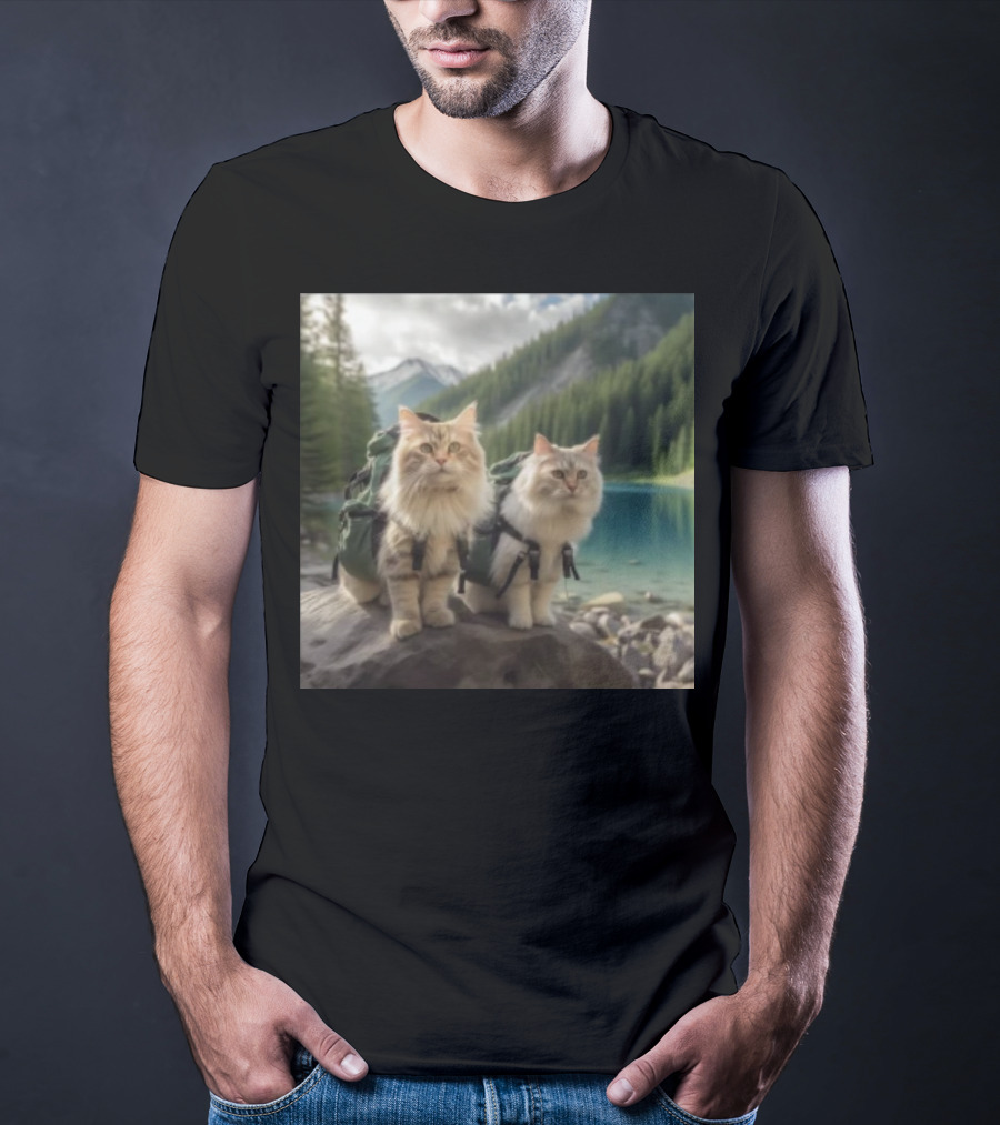 Two American Longhair Cats Are Mountaineering With Backpacks In Scenic Mountain Forest Near Lake T-Shirt