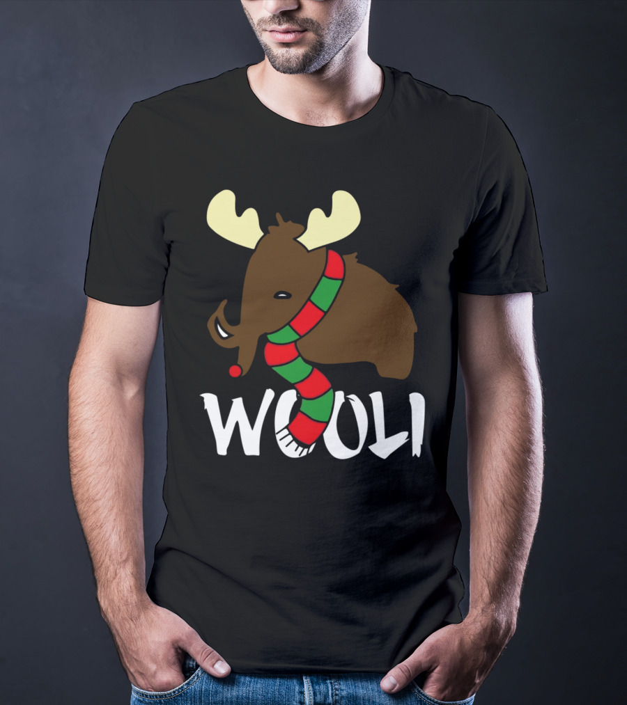 Wooli Mammoth Wearing Red And Green Scarf With Antlers T-Shirt