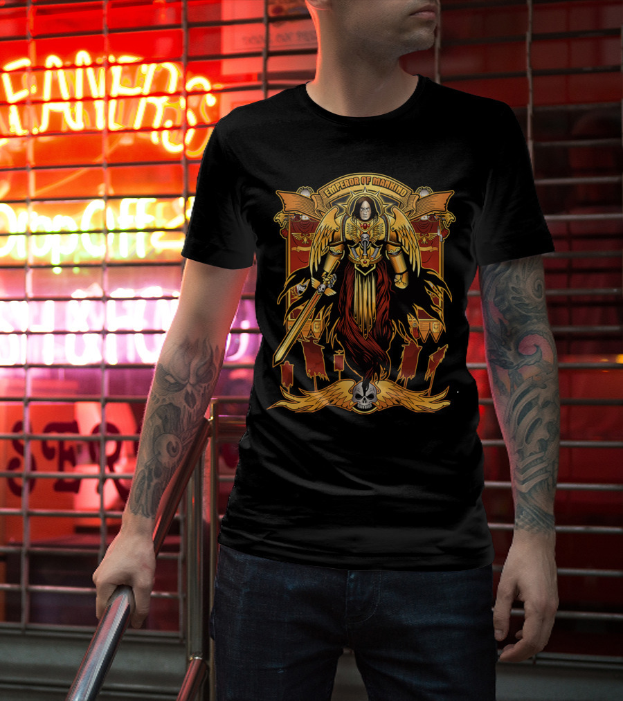 Emperor Of Mankind Golden Armor Angelic Warrior With Sword And Skull T-Shirt