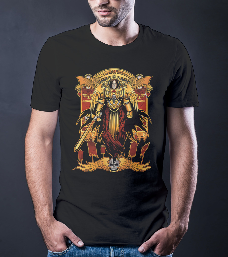 Emperor Of Mankind Golden Armor Angelic Warrior With Sword And Skull T-Shirt