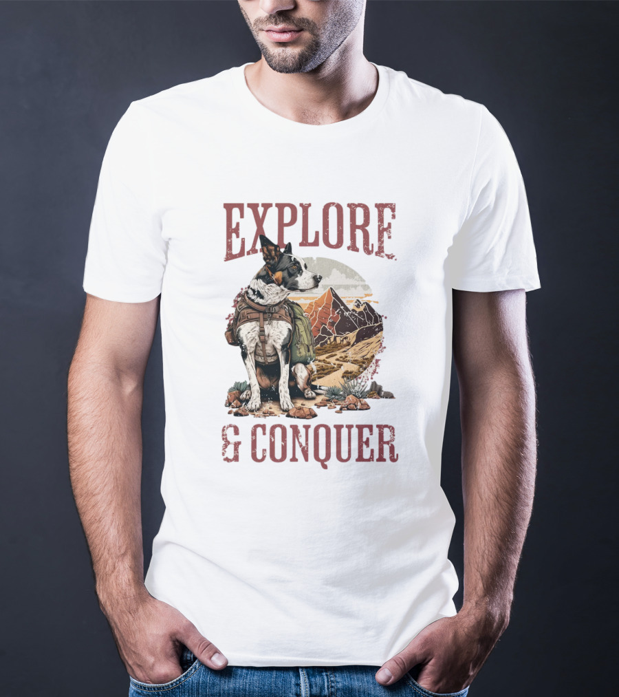 Explore And Conquer Journey With Dog And Mountains T-Shirt