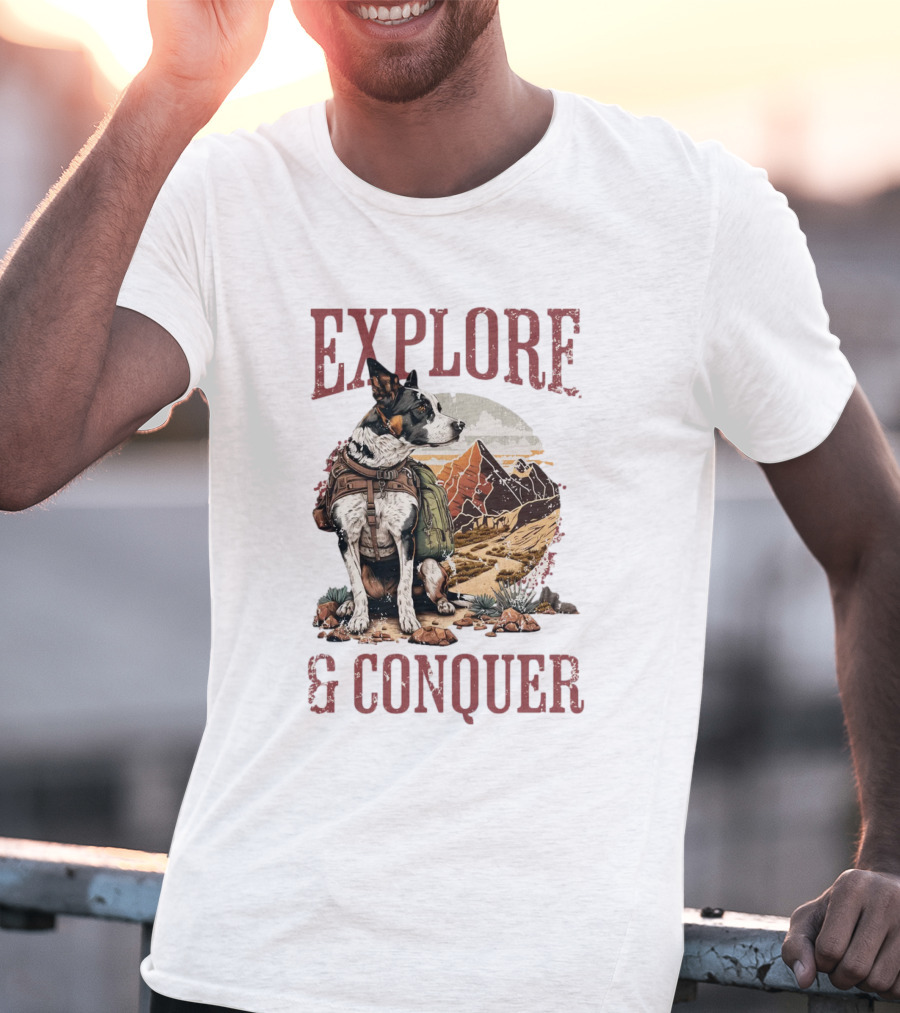 Explore And Conquer Journey With Dog And Mountains T-Shirt