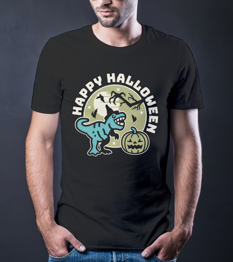 Happy Halloween Dinosaur With Pumpkin And Bats T-Shirt