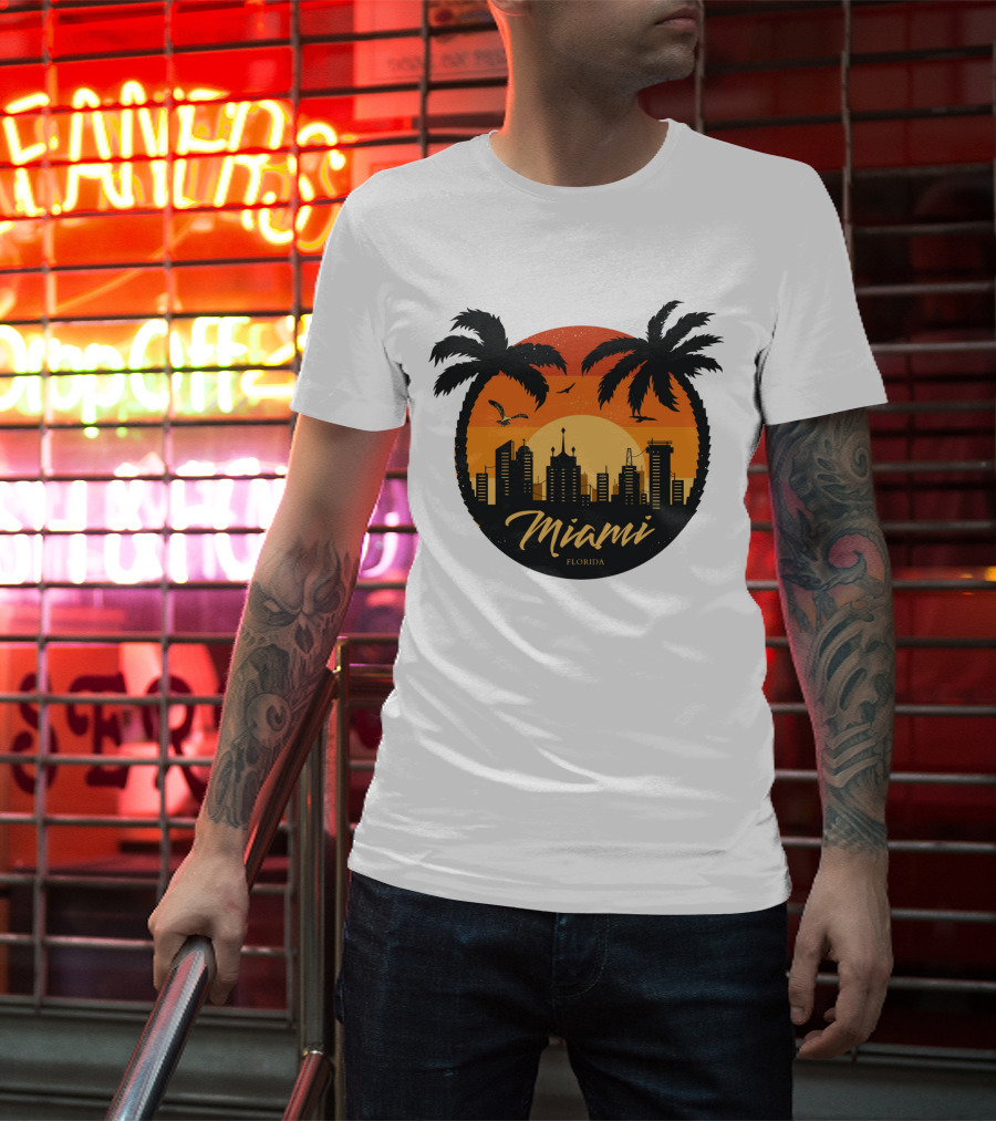 Miami Florida Sunset Skyline Palm Trees T-Shirt
