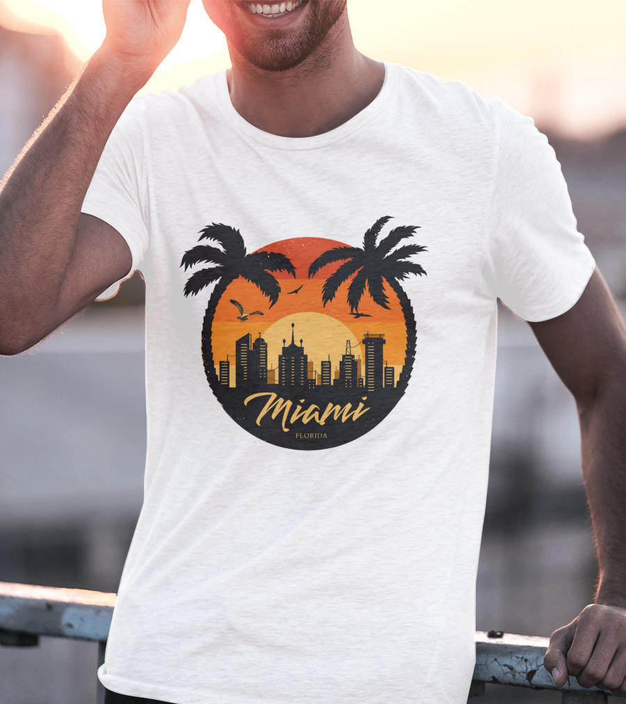 Miami Florida Sunset Skyline Palm Trees T-Shirt