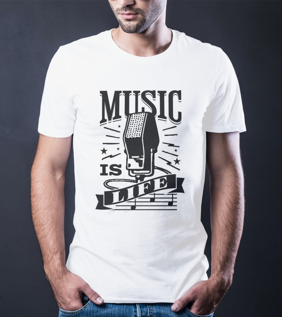 Music Is Life Retro Microphone Notes Stars T-Shirt