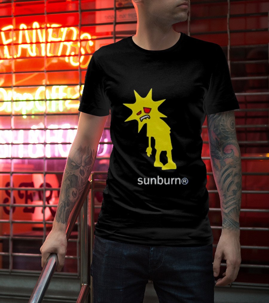 Sunburn Tired Cartoon Sun With Red Eyes And Trademark T-Shirt