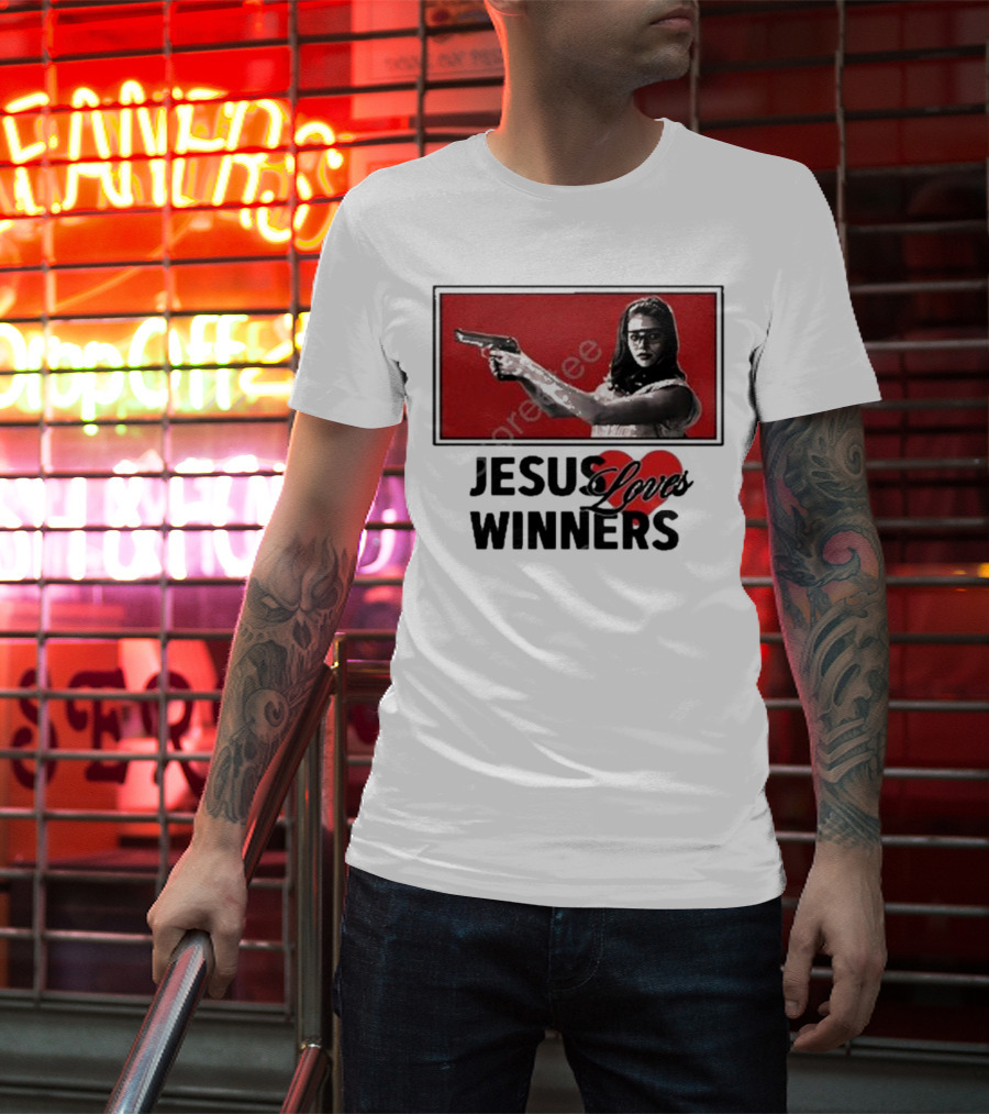 Super Yaki Jesus Loves Winners Red Gun Woman T-Shirt