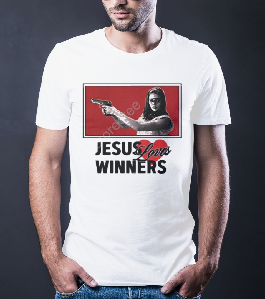 Super Yaki Jesus Loves Winners Red Gun Woman T-Shirt