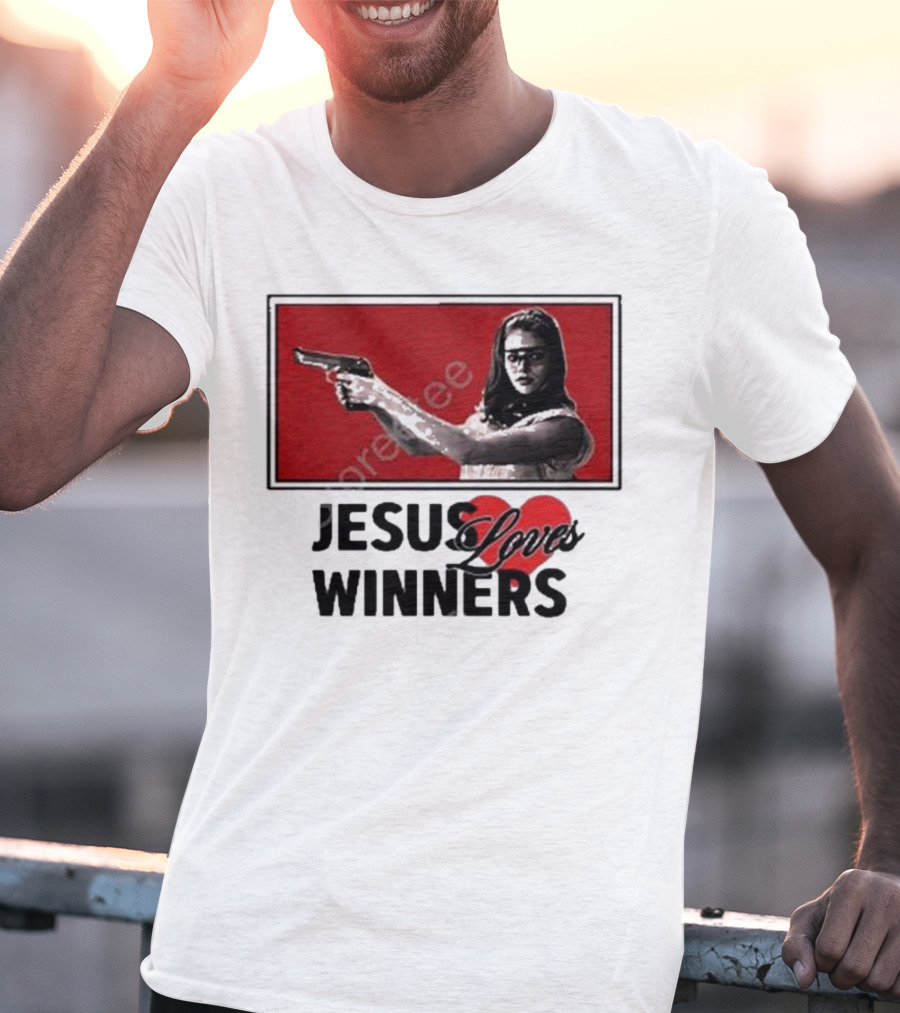 Super Yaki Jesus Loves Winners Red Gun Woman T-Shirt