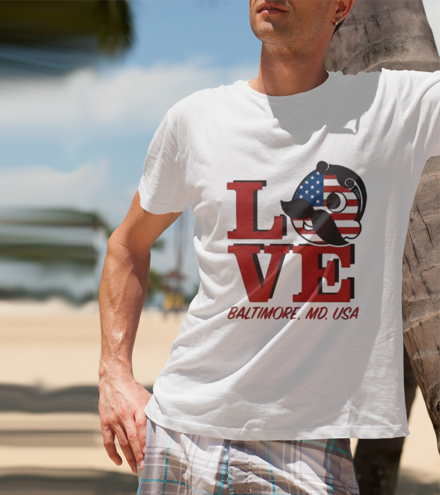 Love Baltimore MD USA National Bohemian American Flag Mustache T-Shirt