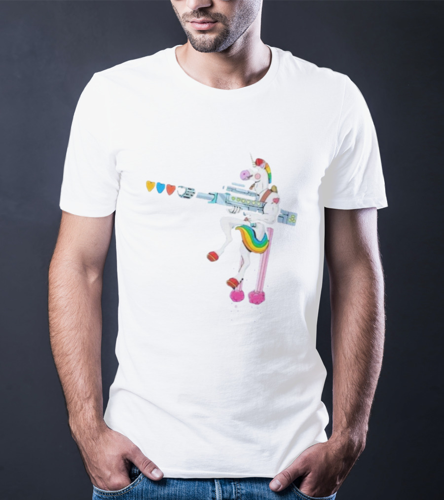 Punl-rock Rainbow Unicorn Armed With Colorful Hearts T-Shirt