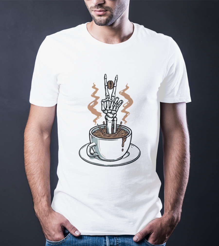 Skeleton In Cappuccino Dead Inside But Still Caffeinated Rock Hand Gesture T-Shirt