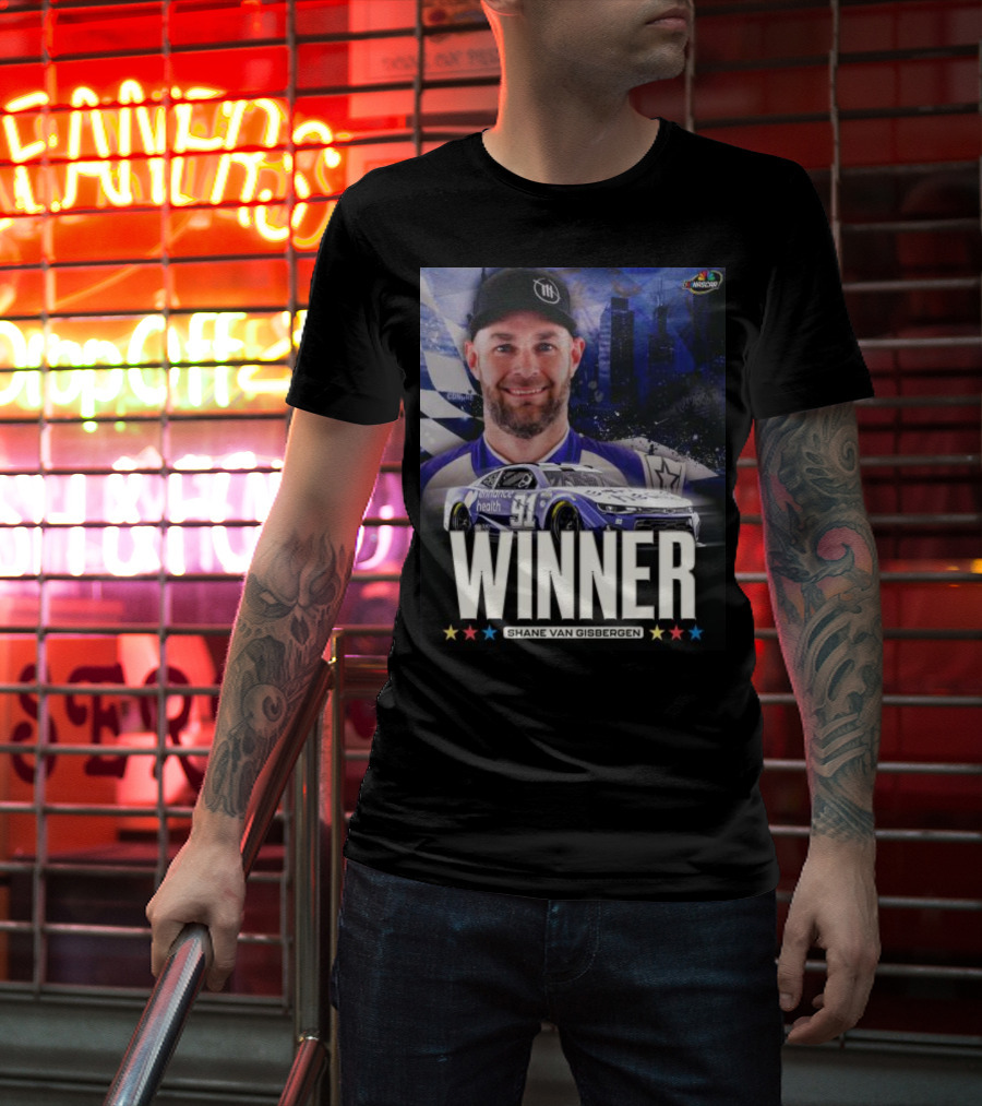 NASCAR Winner Shane Van Gisbergen With Race Car And Cityscape Background T-Shirt