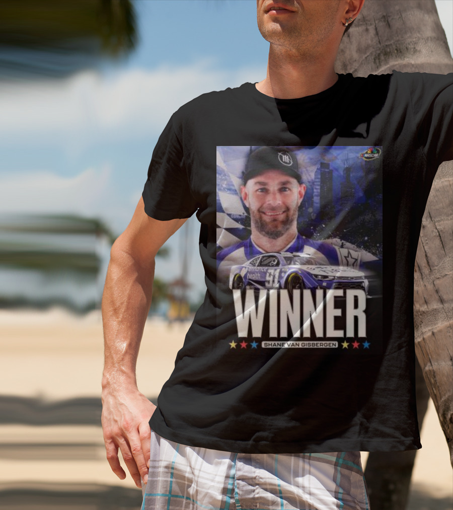 NASCAR Winner Shane Van Gisbergen With Race Car And Cityscape Background T-Shirt