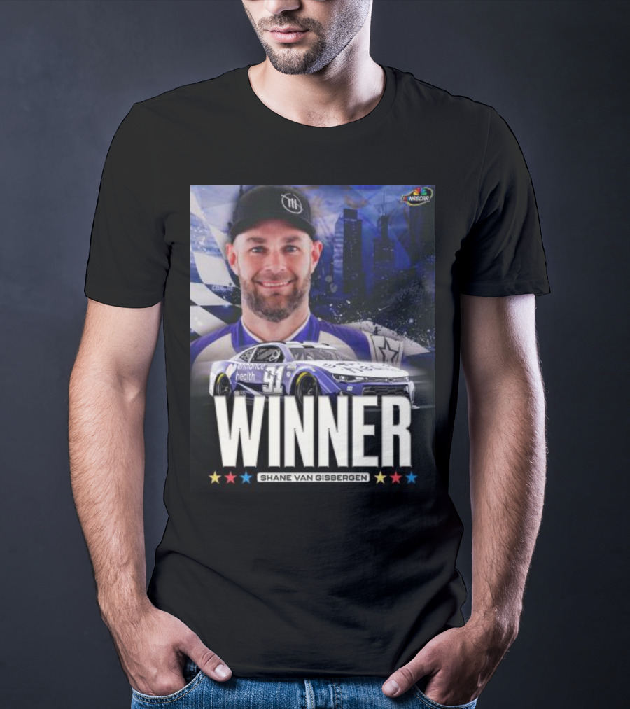 NASCAR Winner Shane Van Gisbergen With Race Car And Cityscape Background T-Shirt