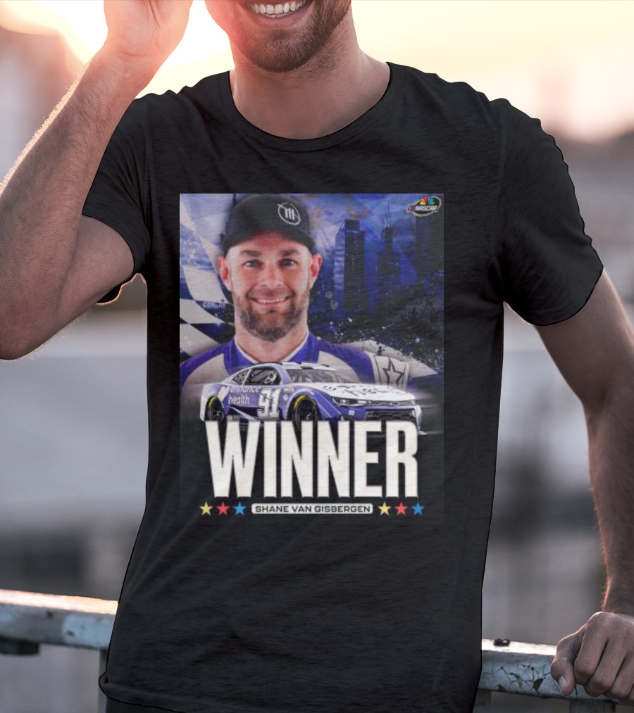 NASCAR Winner Shane Van Gisbergen With Race Car And Cityscape Background T-Shirt
