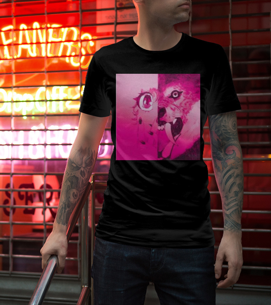 Dead On The Scene Wolf And Anime Girl Pink Contrast T-Shirt