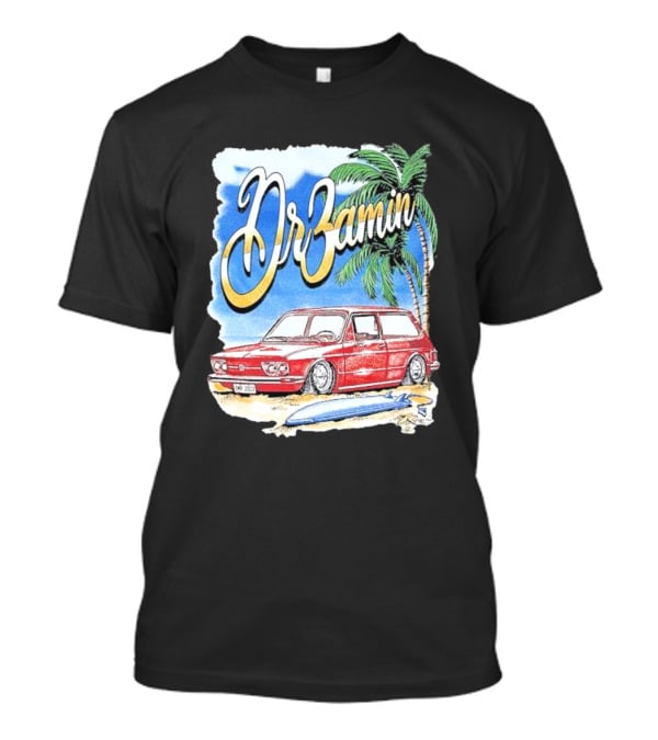 DrZamin Red Car Tropical Beach Scene With Palm Trees Surfboard T-Shirt