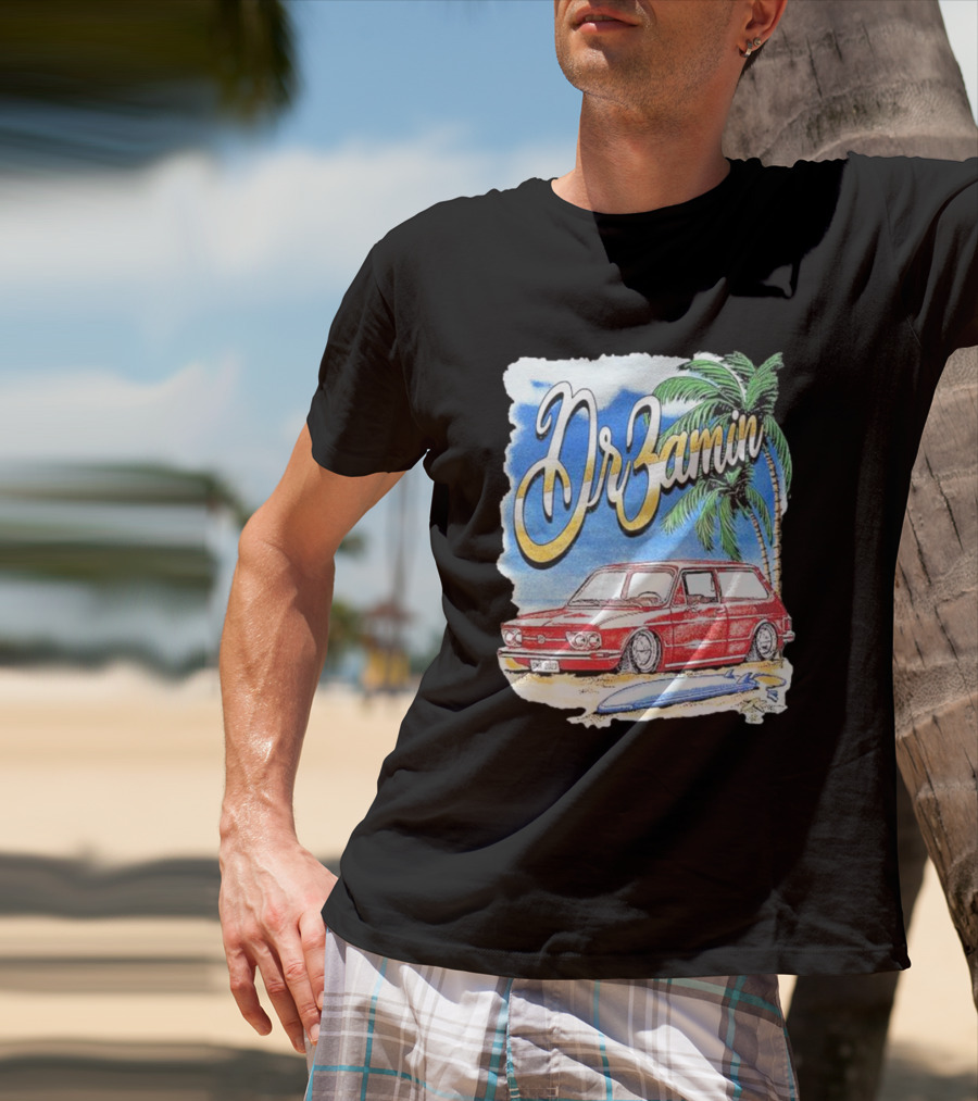 DrZamin Red Car Tropical Beach Scene With Palm Trees Surfboard T-Shirt